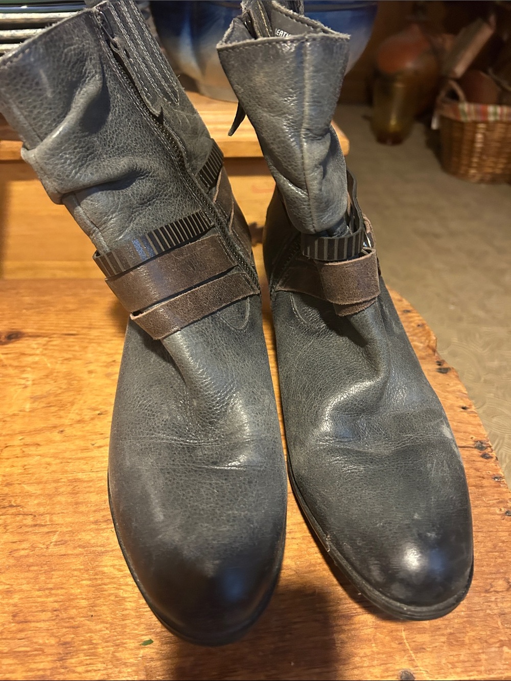 Women’s Gray Leather Ankle Boots with Brown Suede Straps